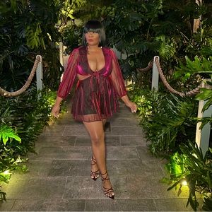 Cut Out Plunging Neck Lantern Sleeve Metallic Romper